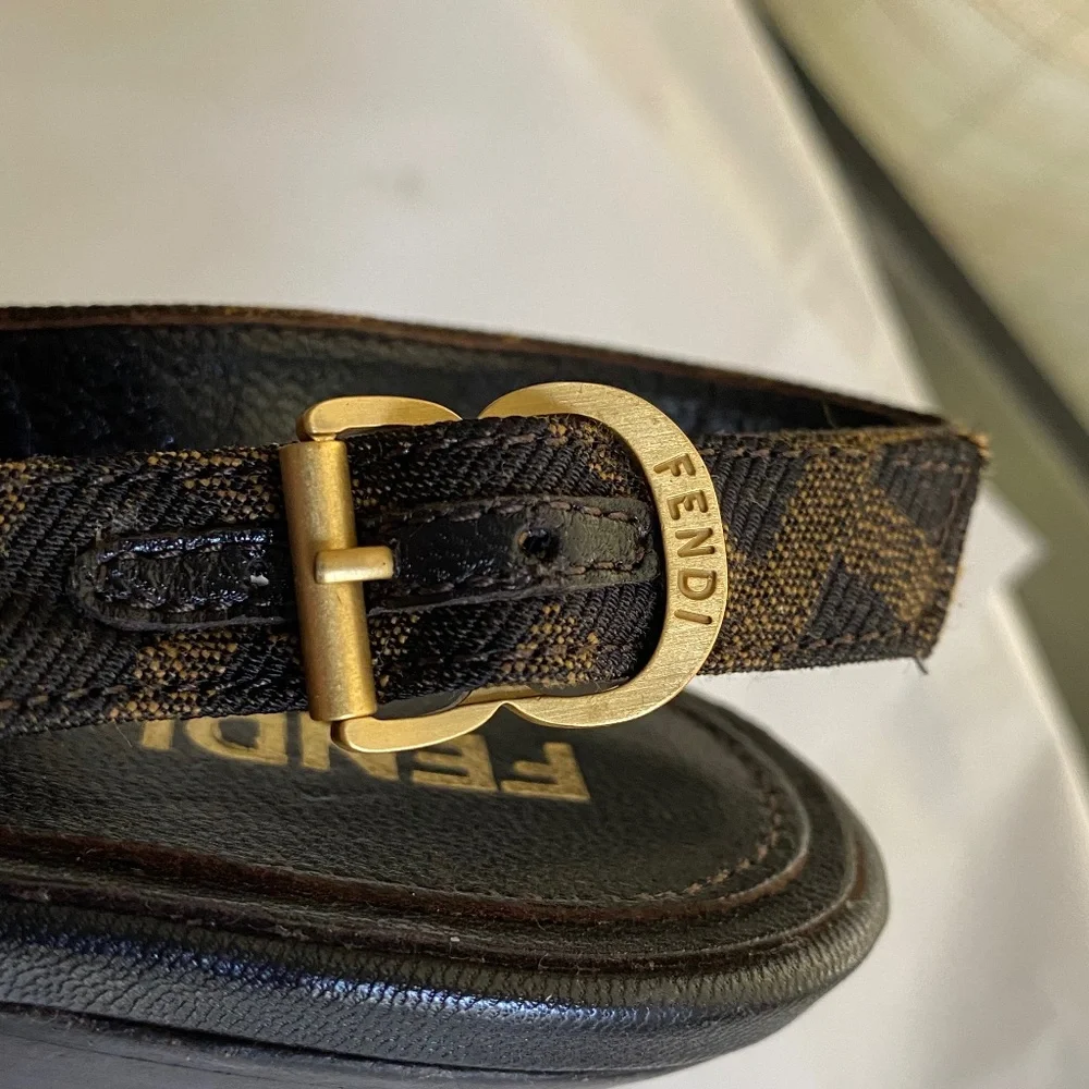 Fendi heels ankle strap 36.5 Italy open toe pumps monogram canvas clogs platform - Picture 3 of 10